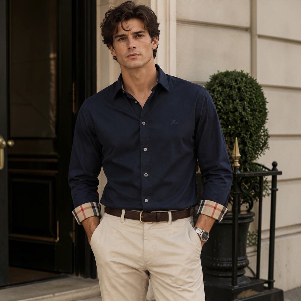 Burberry London Men’s Navy Nova Check Equestrian Knight Long Sleeve Shirt